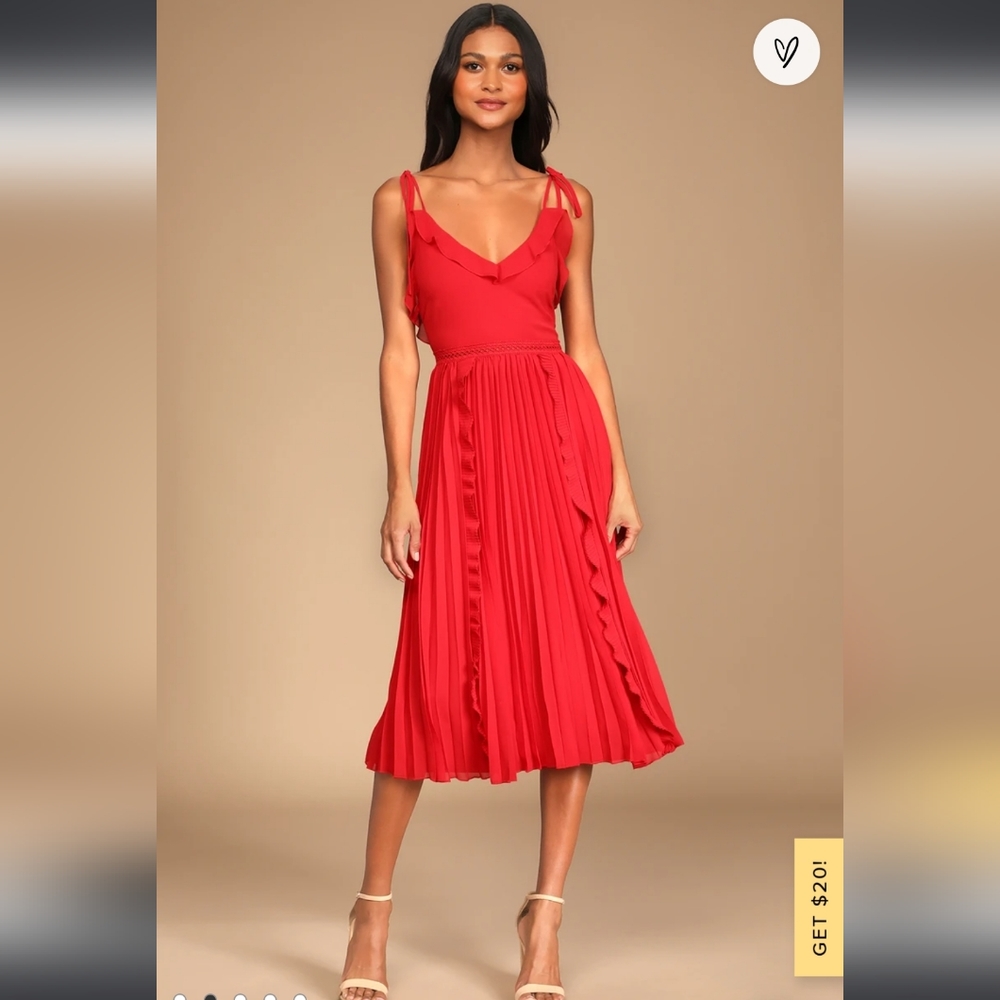 Lulu's Never a Dull Moment Bright Red Tie-Strap Pleated Midi Dress NWT Size S